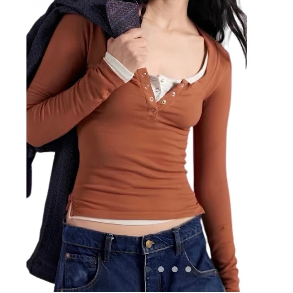 FREE PEOPLE INTIMATELY Wide Awake Layering Top Henley Argan Oil Brown M/L